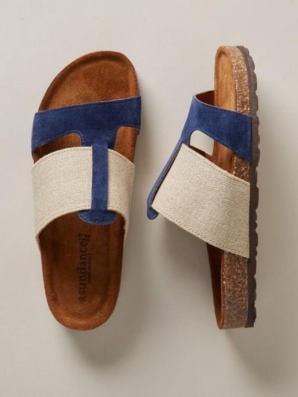 Sundance Cream and Blue Suede-Trim Slip-On Sandals 7.5